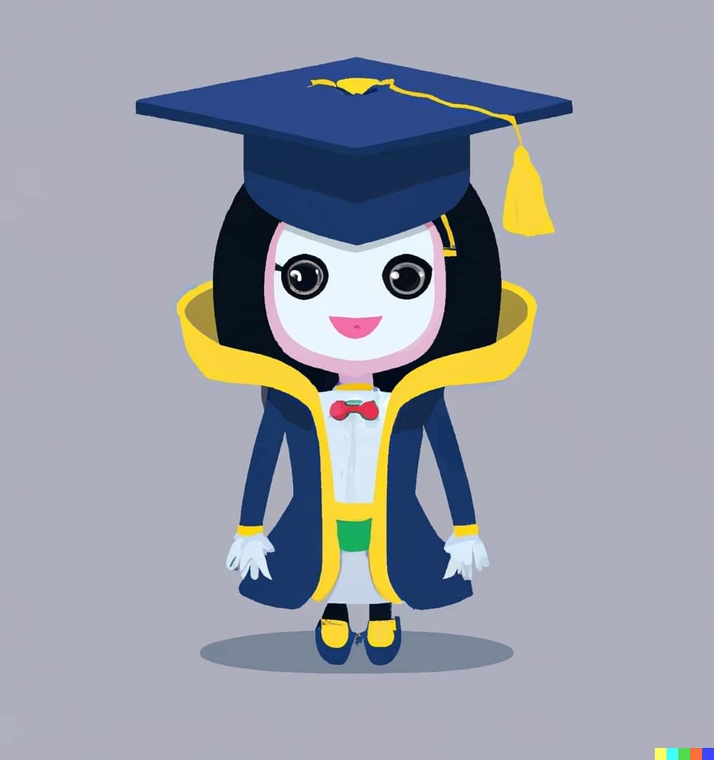 Cartoon character robot in graduation attire with a cap, gown, and a big smile.