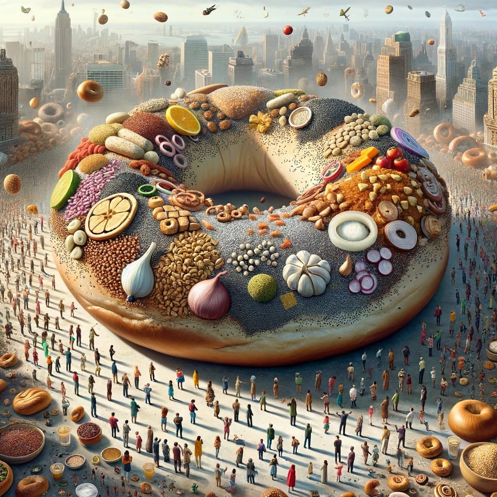 generative AI rendering of a bagel as tall as a skyscraper with its exaggerated toppings, surrounded a crowd of captivated individuals.