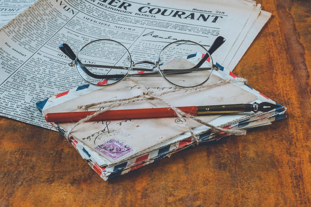 Bundle of letters tied together with string. Round glasses lay on top.