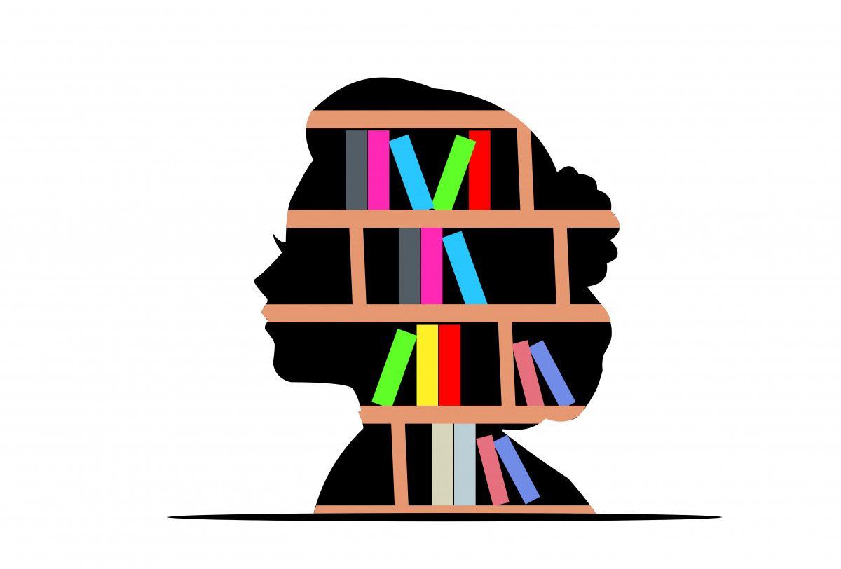 A silhouette of a woman’s head and upper body filled with horizontal bookshelves. Colorful books are arranged across the shelves, symbolizing knowledge, learning, or intellectual growth. The illustration uses bold contrast between the black silhouette and the bright books.