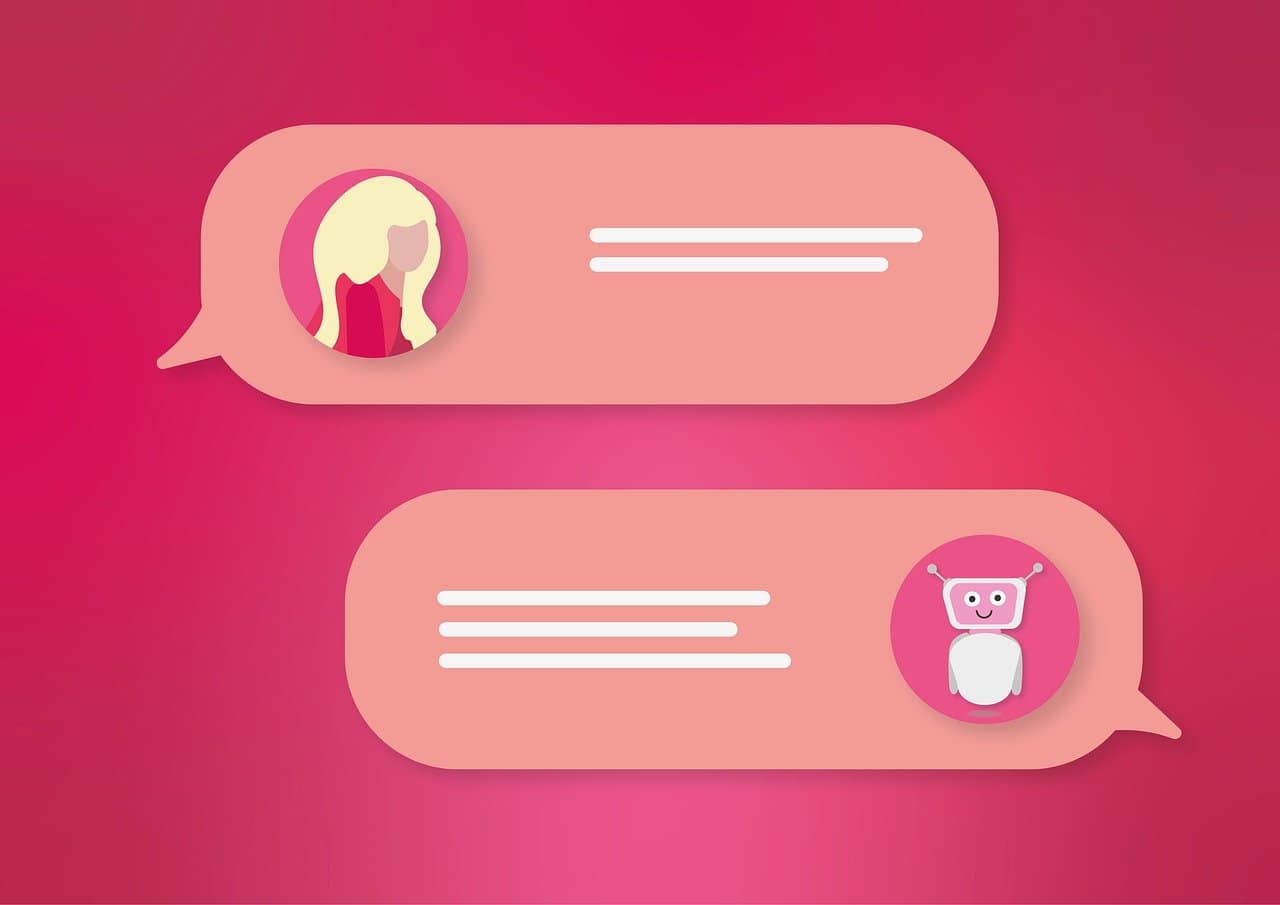 Illustration of two chat bubbles on a pink background. One chat button depicts a profile of a woman an the other is from a robot