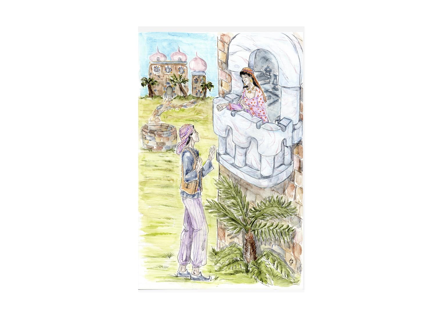 A woman is standing in a balcony. A man is standing in a garden looking up at her. They are talking in a romantic scene. There is a castle in the background.