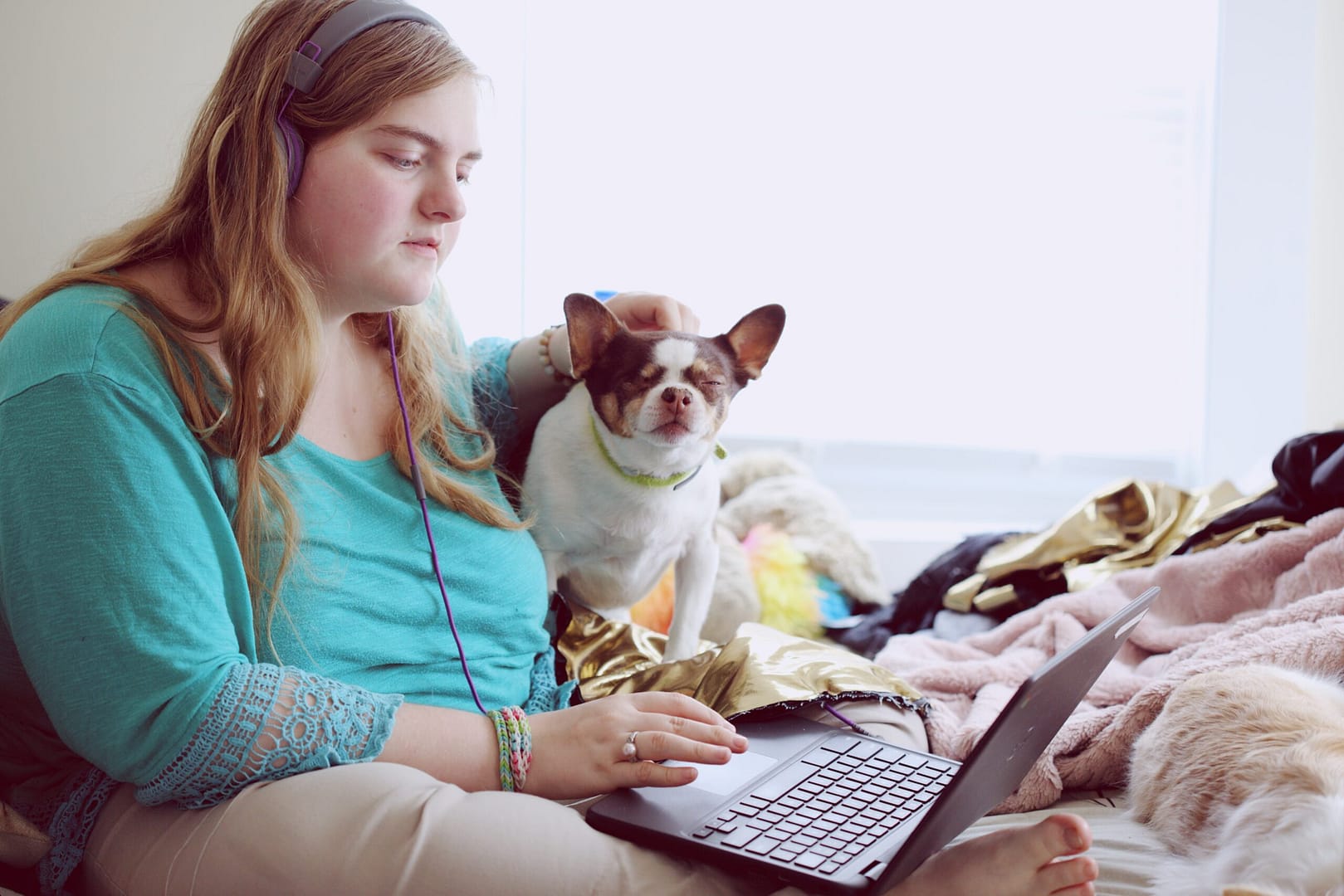 A person wearing headphones sits on a bed with a laptop, petting a small dog that appears relaxed with its eyes closed. The person is focused on the screen, surrounded by blankets and colorful clothing, suggesting a casual or home working environment.