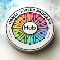 A circular digital badge with a white border that reads "GENAI · 7-WEEK PROGRAM" around the top. In the center, the word "Hub" is enclosed within a circle, surrounded by a colorful radial design with interconnected nodes spanning a gradient from red, orange, yellow, green, to blue and purple. The background features abstract technological elements in soft blues and grays, giving a modern, digital aesthetic.