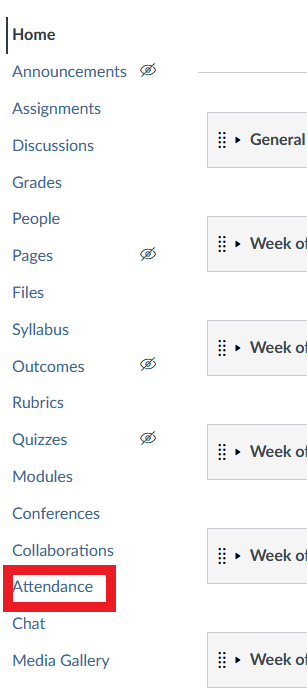 screenshot of canvas menu with a red box highlighting the "attendance" menu item.