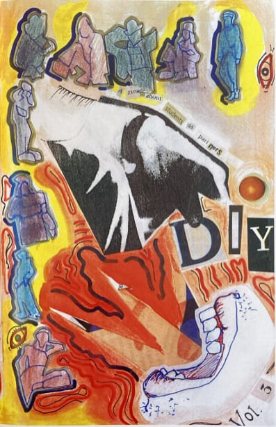 A colorful zine cover featuring layered cutouts, abstract shapes, and overlapping illustrations. Stylized human figures in various poses border the edges, while bold red, orange, and black shapes form a chaotic central composition. Collaged text reads, “A zine about students as partners” and “DIY,” with a hand-drawn jaw and eye also visible among the visual elements.