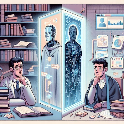 AI generated image of Two scholars in a library study a holographic display showing a robot and a digital avatar, symbolizing the fusion of knowledge and AI