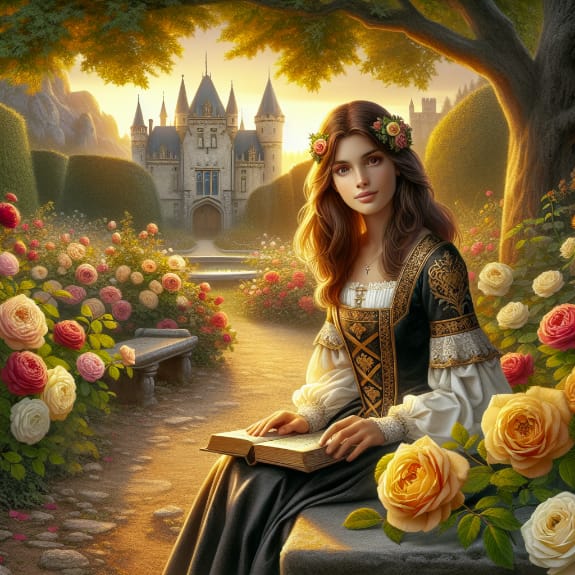AI generated image of a young woman in medieval attire sits in a rose garden, holding a book, with a castle in the background at sunset.