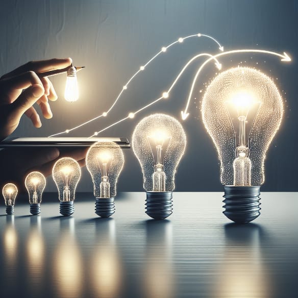 AI generated image of a row of glowing light bulbs increases in size, symbolizing innovation, while a hand hovers above a tablet, holding a miniature bulb with connecting light trails.