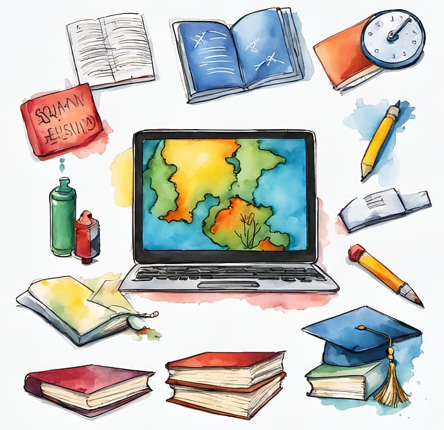 A colorful watercolor-style illustration featuring a laptop at the center displaying a stylized map. Surrounding the laptop are various educational items, including open and closed books, a pencil, a clock, a graduation cap with a tassel, a notebook, a rolled-up paper, and paint bottles. The image conveys a theme of learning, creativity, and academic exploration.