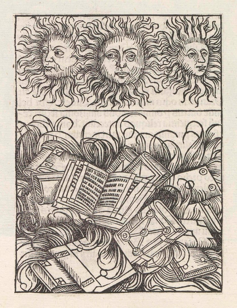 A black and white woodcut-style illustration. The top half shows three stylized sun faces with radiating lines resembling flames or hair. The bottom half depicts a chaotic pile of books, scrolls, and documents