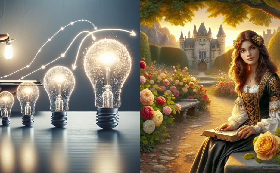 A split image. On the left, a series of glowing light bulbs gradually increase in size, symbolizing the growth of ideas. A hand places the largest bulb onto a tablet, with glowing lines and arrows representing innovation and connection. On the right, a romantic fairytale-style scene features a young woman in a Renaissance dress sitting on a bench in a rose garden, holding an open book. Behind her stands a grand castle under a warm, golden sunset. The image contrasts modern innovation with classical storytelling.