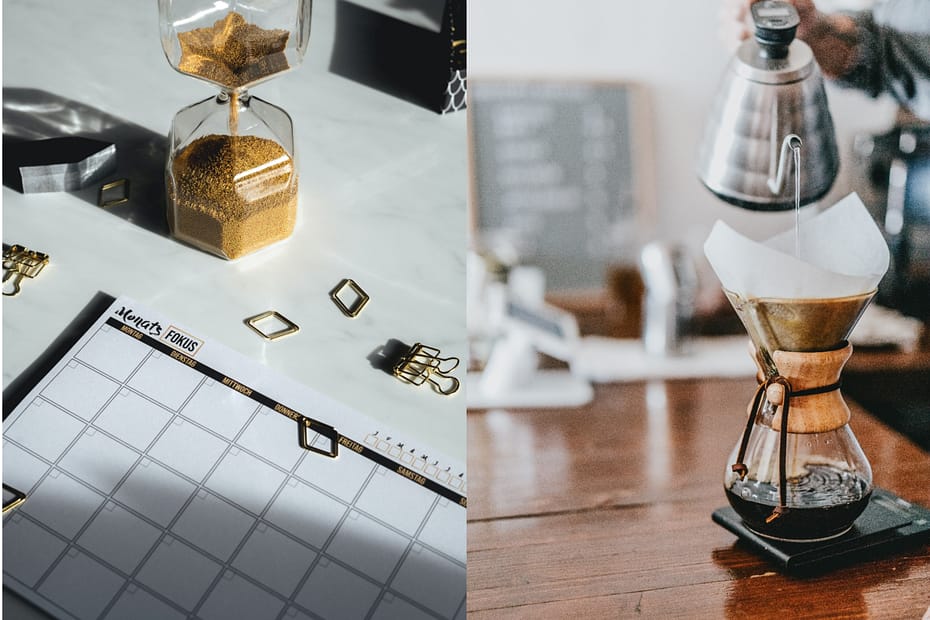 plit image with a close-up of a planner, gold hourglass, and paper clips on the left, and someone pouring hot water into a Chemex coffee maker on the right—illustrating the concept of balancing structure and casual connection in “Office Hours or Coffee Hours.”