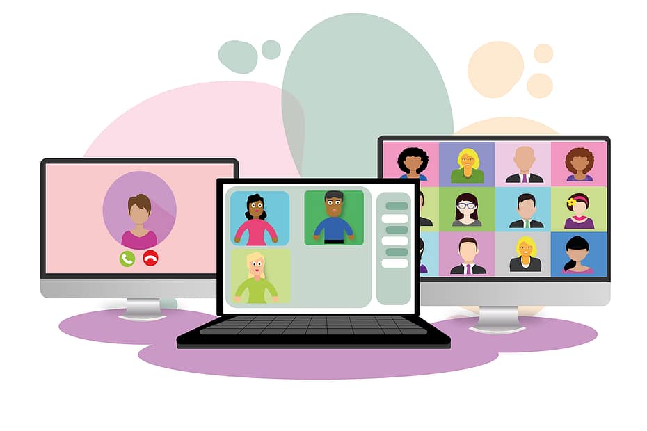 Illustration of computers with video calls on them