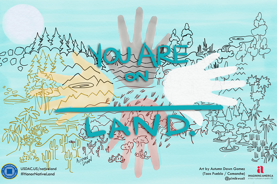 A landscape sketch with four outward facing handprints arranged in a cross shape with the text "You are on [blank] land."