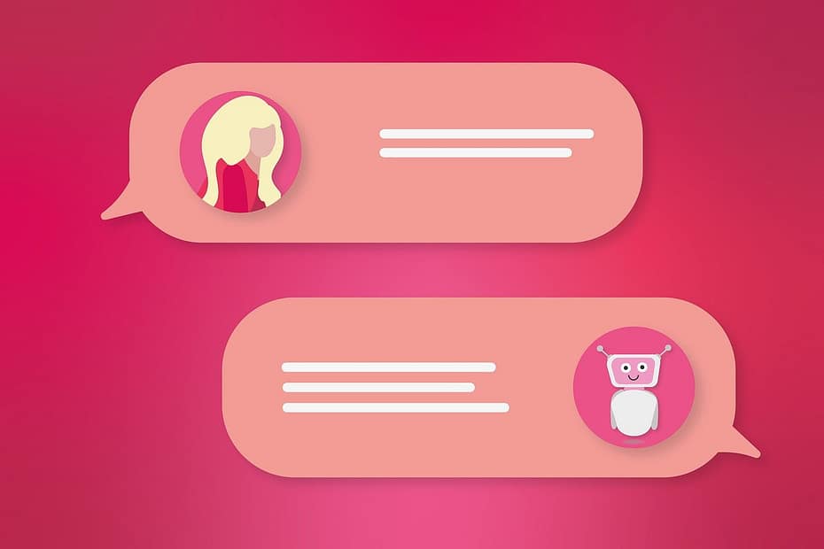 Illustration of two chat bubbles on a pink background. One chat button depicts a profile of a woman an the other is from a robot
