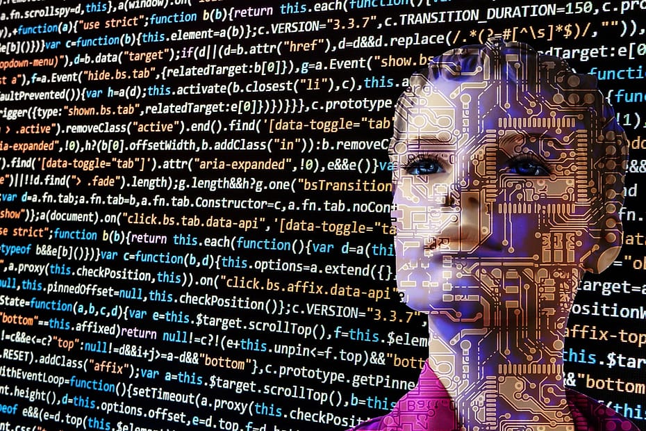 AI-generated face overlapped with programming code